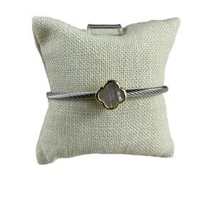 Silver Cable Style Bracelet Clover Gold Mother Pearl Charm‎ Two Tones Cuff